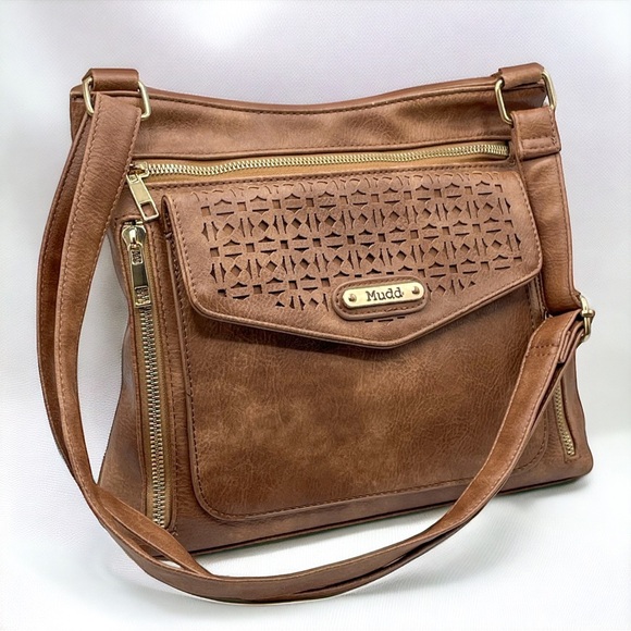 Mudd Y2K Brown Leather Purse Floral Messenger Bag Eyelet Indie Boho Grunge 2000s - Picture 1 of 16